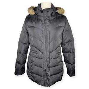 Larry Levine Down Black Puffer Coat Faux Fur Removable Hood Women’s L